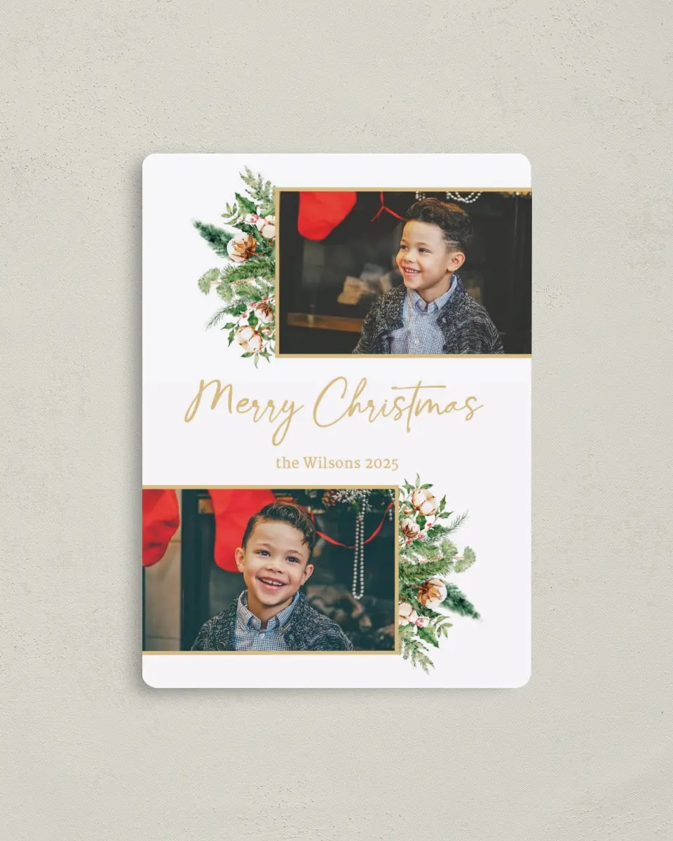 This is a 4" x 5½" Christmas Card called Cotton & Cedar printed in full color with a Luxe Satin finish