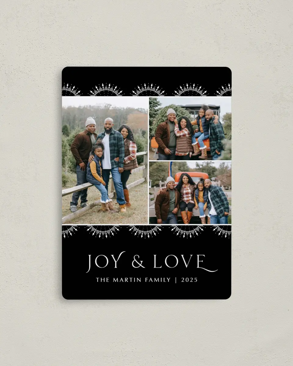 This is a 4" x 5½" Christmas Card called Joy & Love printed in full color with a Luxe Satin finish