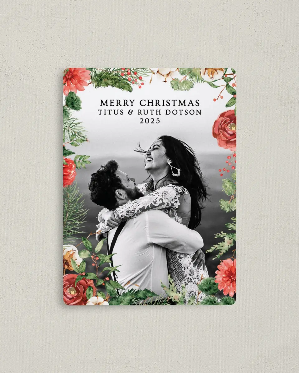 This is a 4" x 5½" Christmas Card called In Full Bloom printed in full color with a Luxe Satin finish