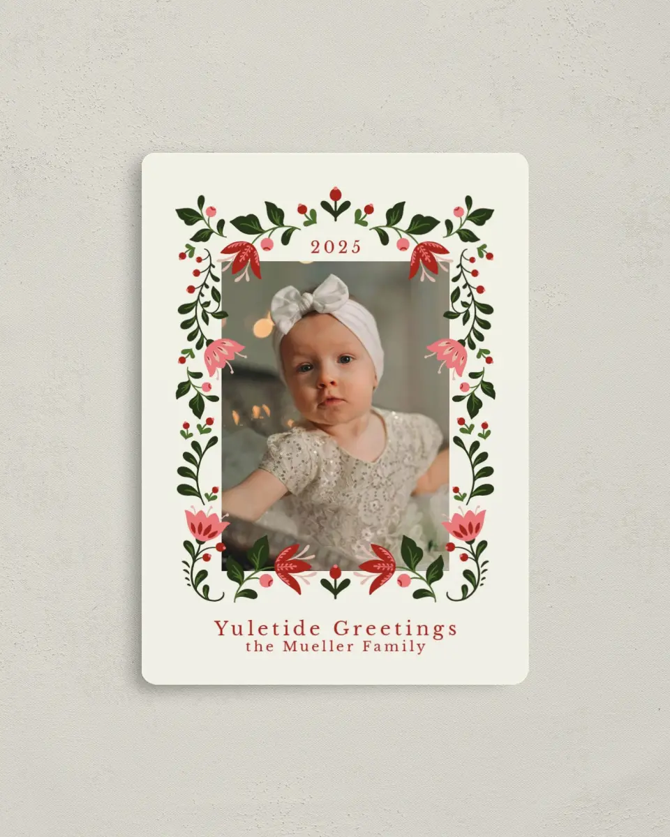 This is a 4" x 5½" Christmas Card called Yuletide Greetings printed in full color with a Luxe Satin finish