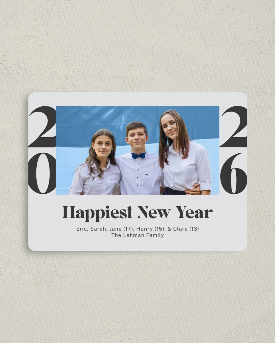 This is a 4" x 5½" Christmas Card called Happiest New Year printed in full color with a Luxe Satin finish