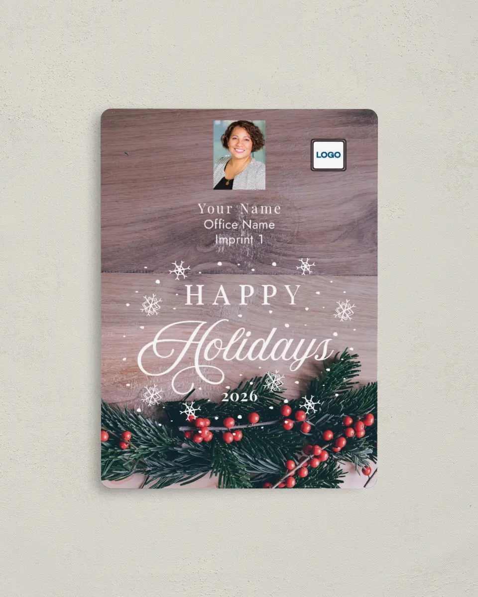 This is a 4" x 5½" Christmas Card called Happy Holidays printed in full color with a Luxe Satin finish