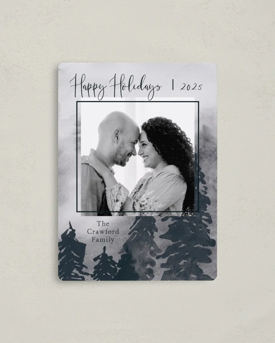This is a 4" x 5½" Christmas Card called Watercolor Woods printed in full color with a Luxe Satin finish