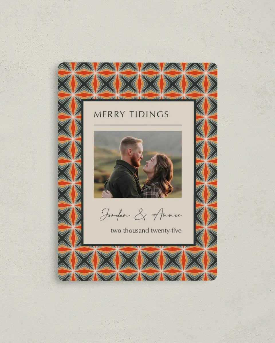 This is a 4" x 5½" Christmas Card called Retro Regards printed in full color with a Luxe Satin finish