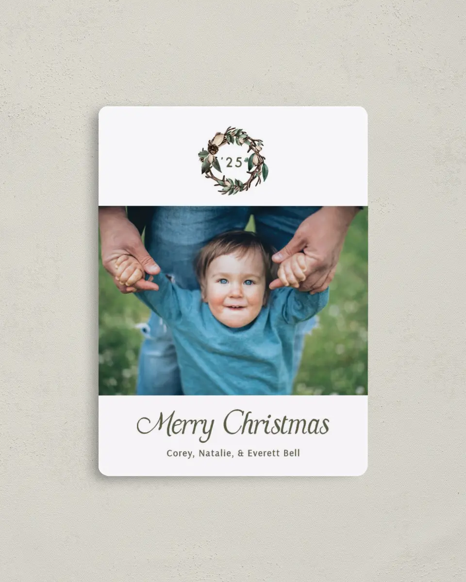 This is a 4" x 5½" Christmas Card called Antler Wreath printed in full color with a Luxe Satin finish