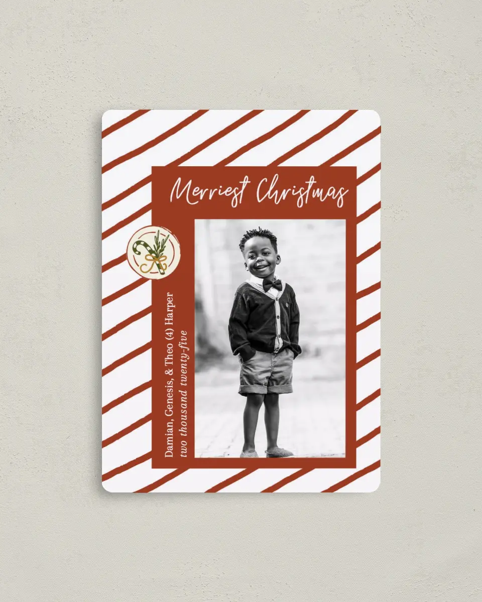 This is a 4" x 5½" Christmas Card called Sweet Season printed in full color with Silver foil and a Luxe Satin finish