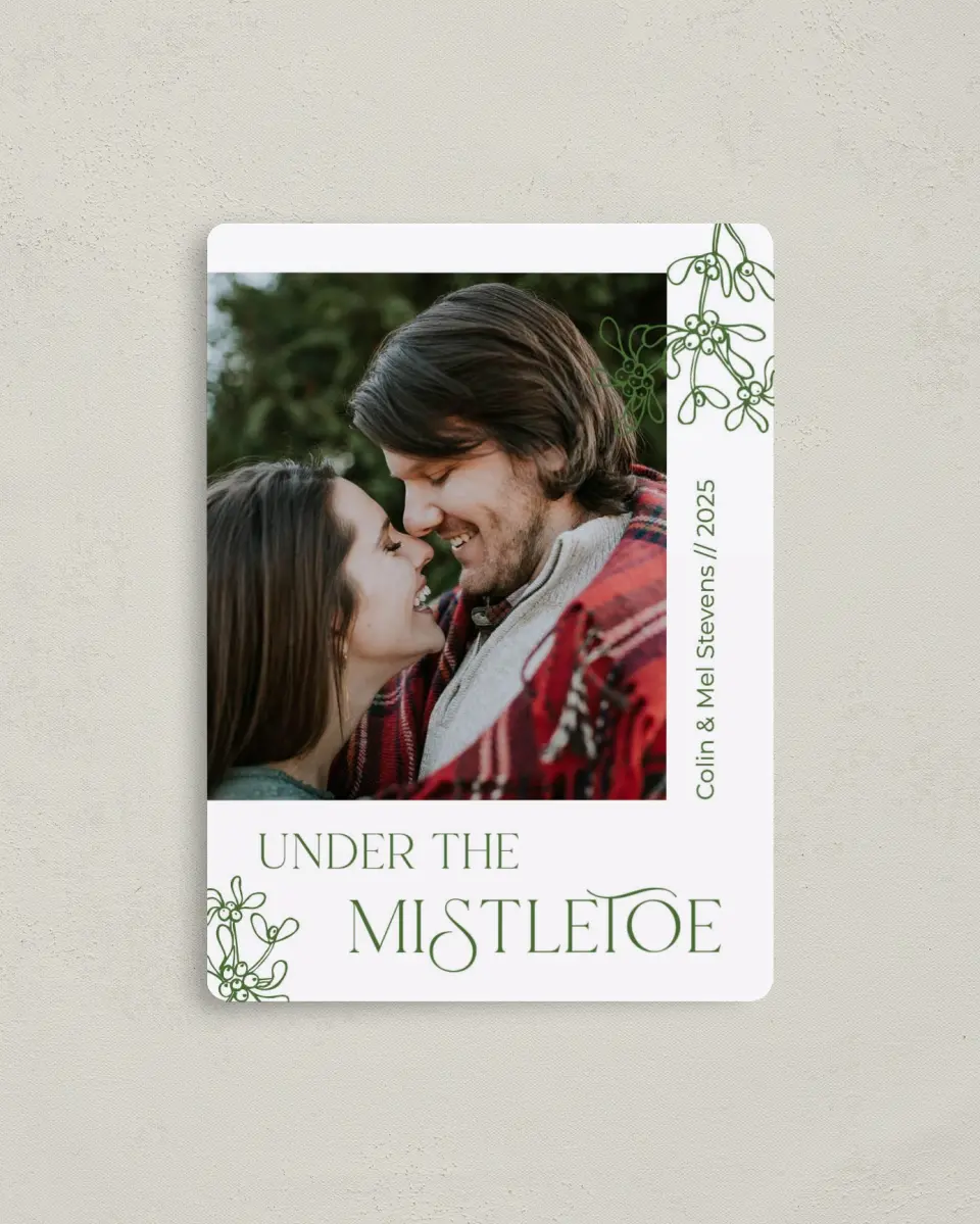 This is a 4" x 5½" Christmas Card called Under the Mistletoe printed in full color with a Luxe Satin finish