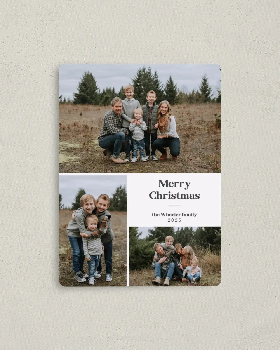 This is a 4" x 5½" Christmas Card called Seasonal Snapshots printed in full color with Silver foil and a Luxe Satin finish