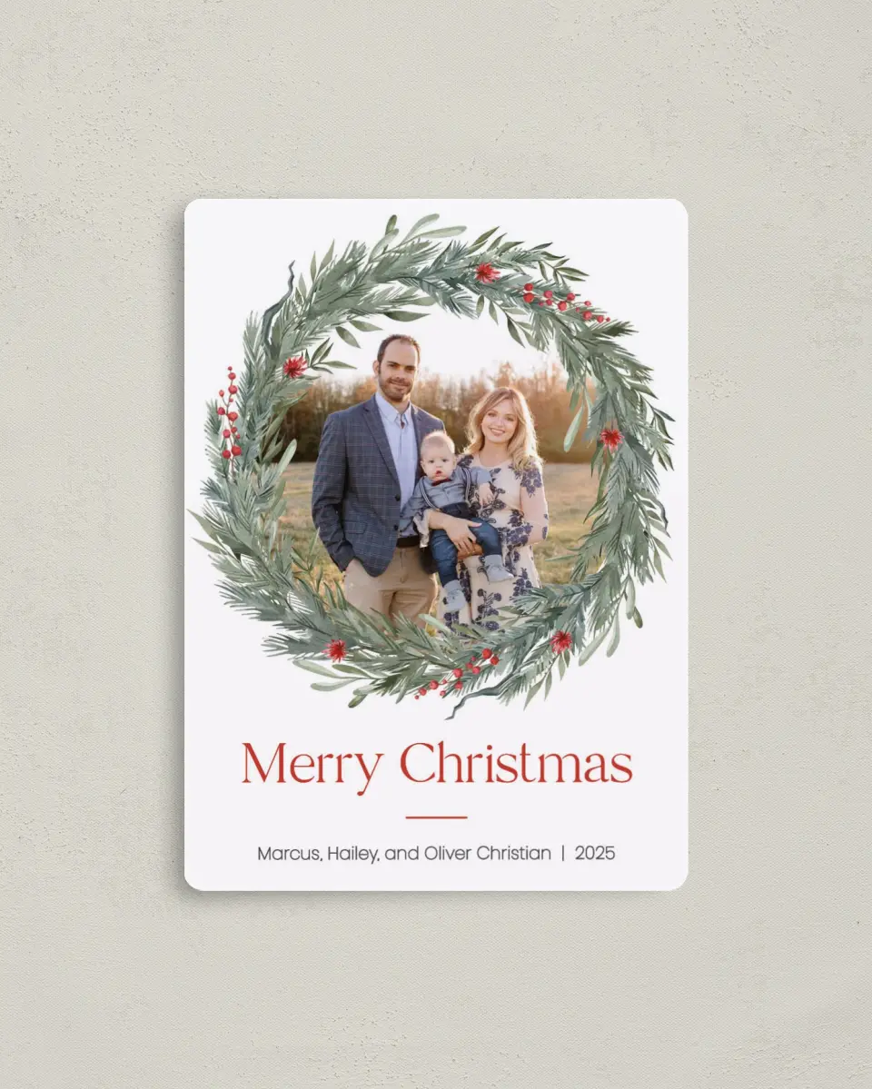 This is a 4" x 5½" Christmas Card called Winterberry Wreath printed in full color with a Luxe Satin finish
