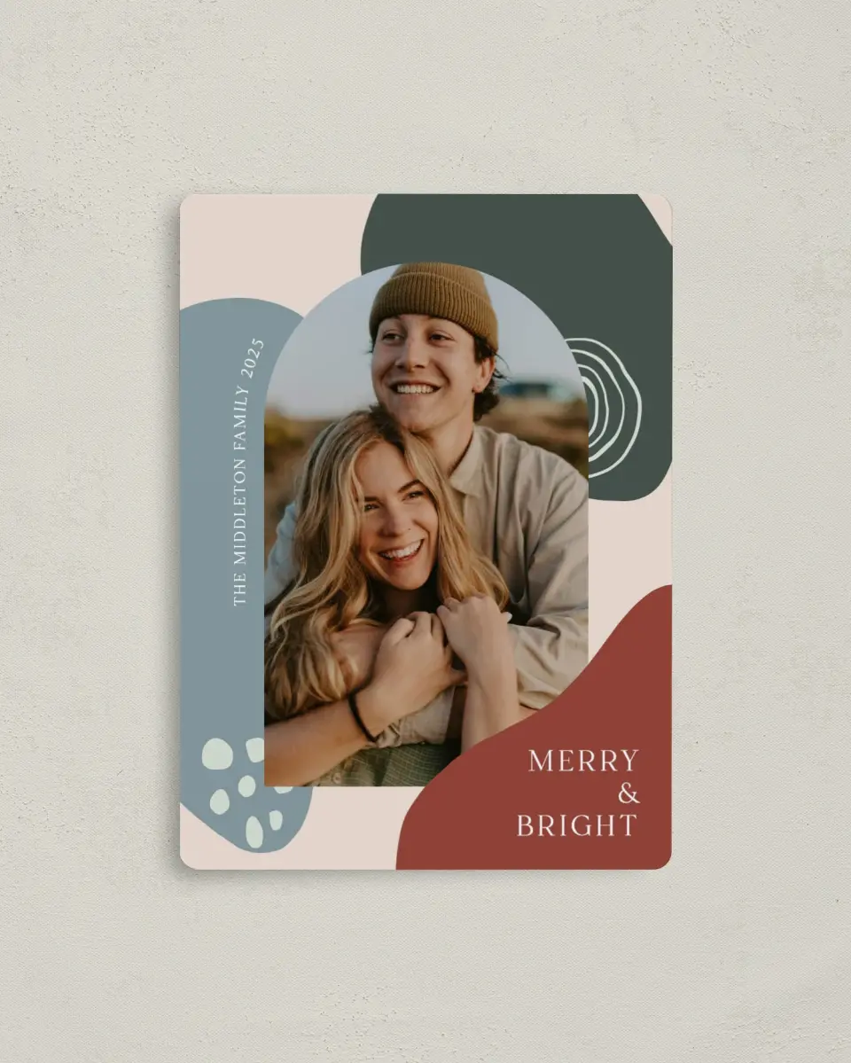 This is a 4" x 5½" Christmas Card called Yuletide Shapes printed in full color with a Luxe Satin finish