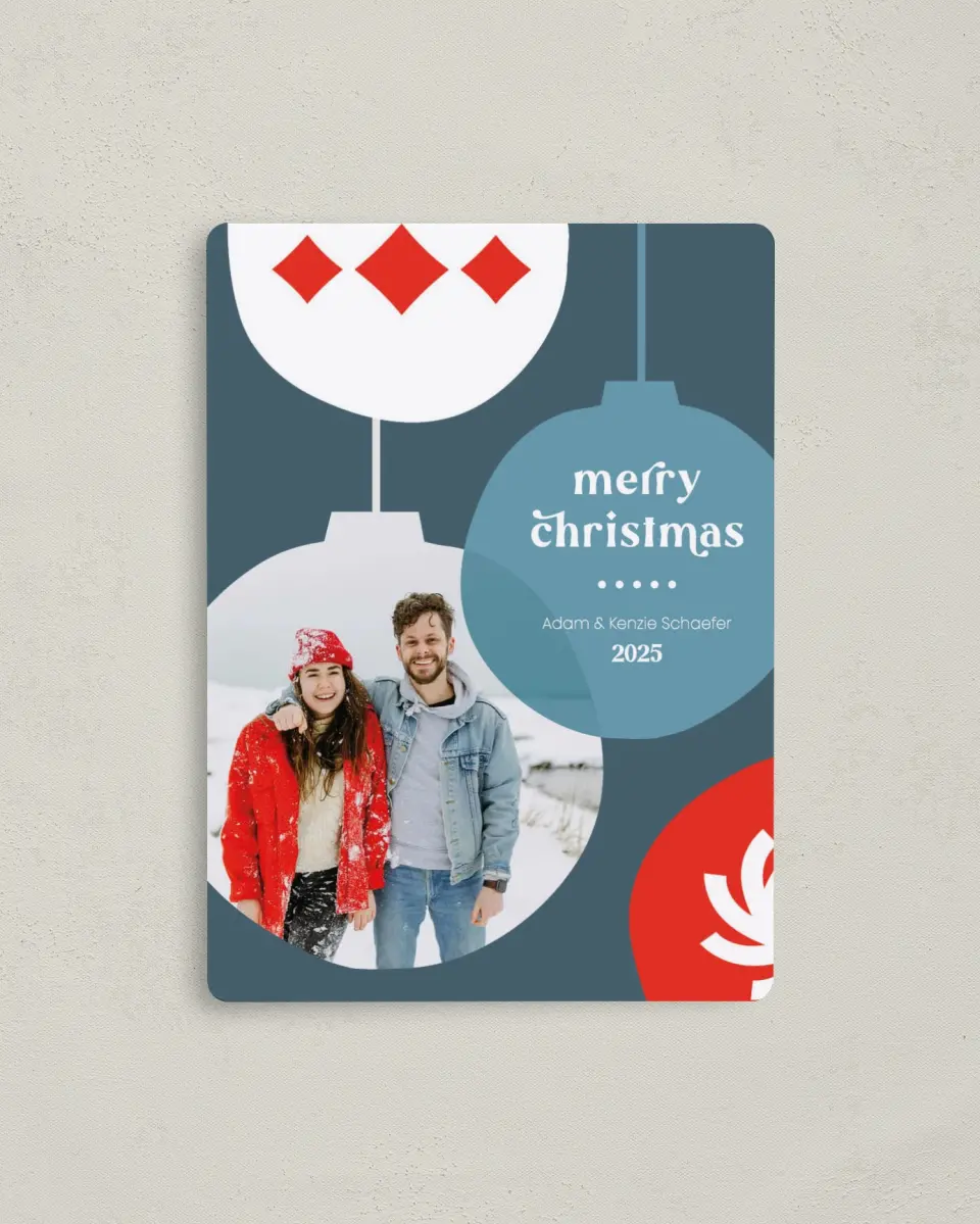 This is a 4" x 5½" Christmas Card called Funky Ornaments printed in full color with a Luxe Satin finish
