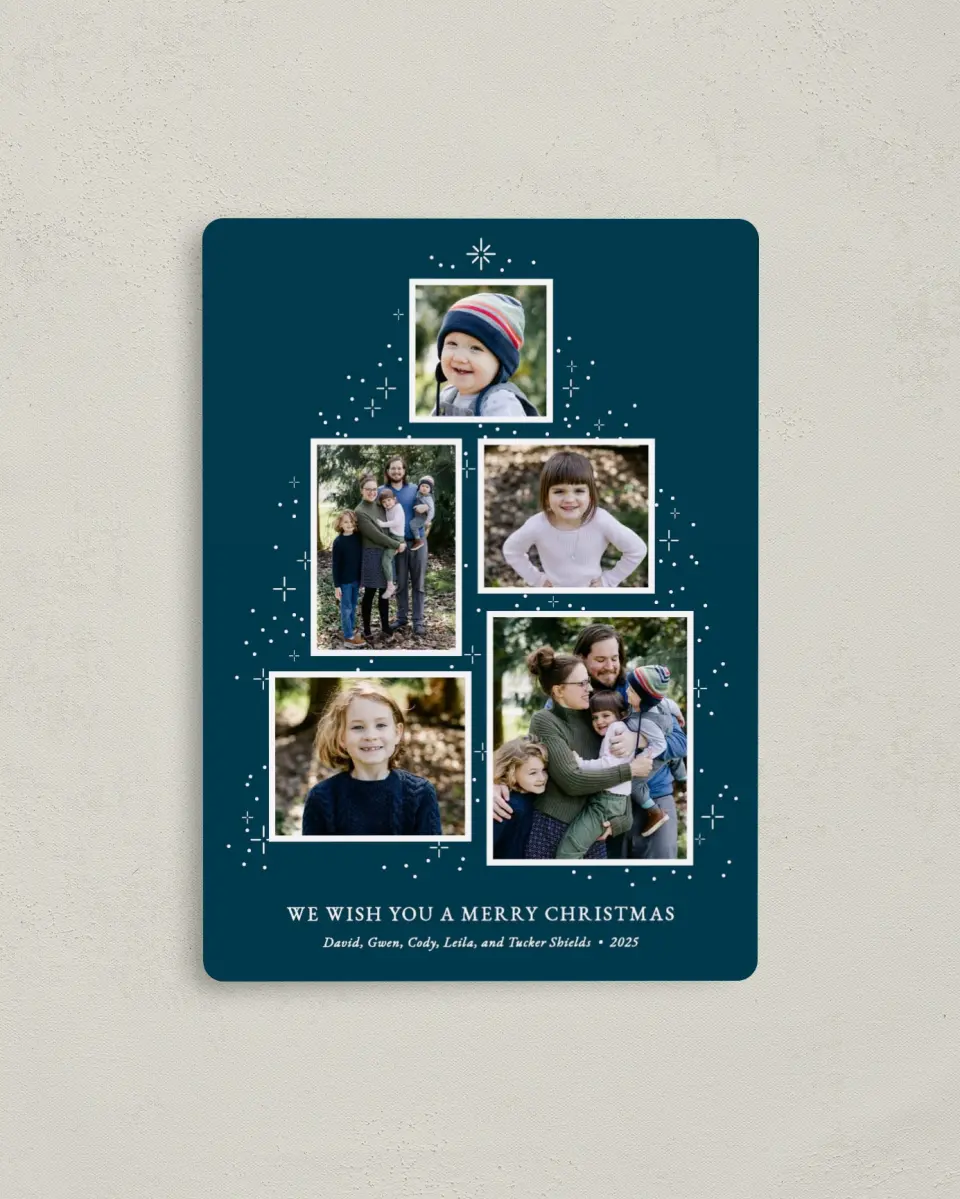 This is a 4" x 5½" Christmas Card called Falling Flurries printed in full color with a Luxe Satin finish