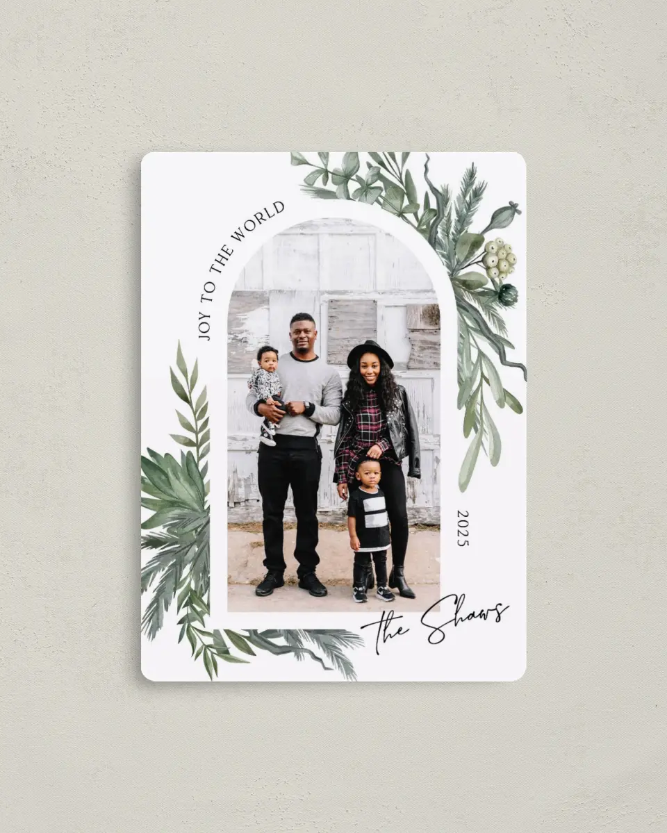 This is a 4" x 5½" Christmas Card called Joyful Serenity printed in full color with Rose Gold foil and a Luxe Satin finish