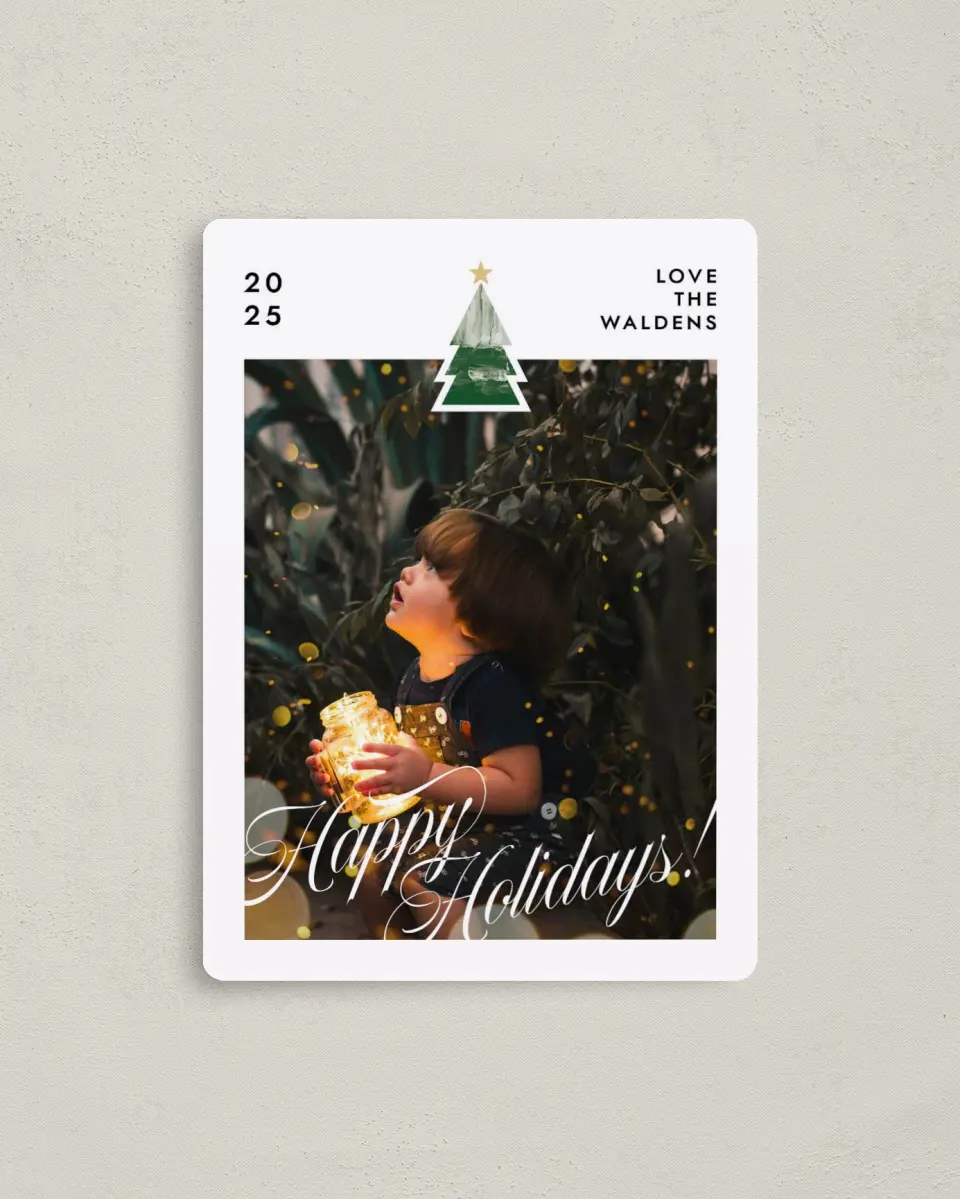This is a 4" x 5½" Christmas Card called Wee Tree printed in full color with Gold foil and a Luxe Satin finish