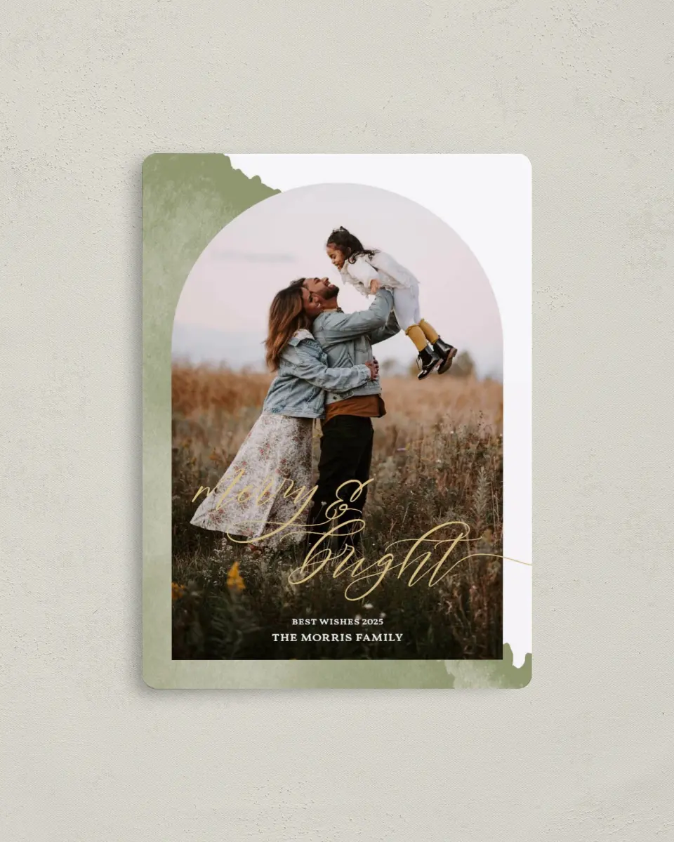This is a 4" x 5½" Christmas Card called Watercolor Arch printed in full color with a Luxe Satin finish