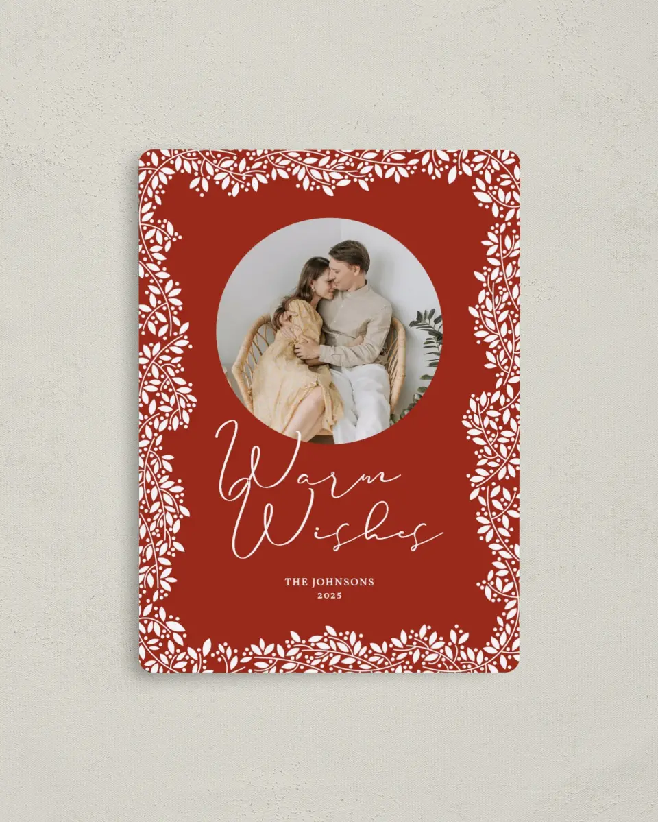 This is a 4" x 5½" Christmas Card called Botanical Wishes printed in full color with a Luxe Satin finish
