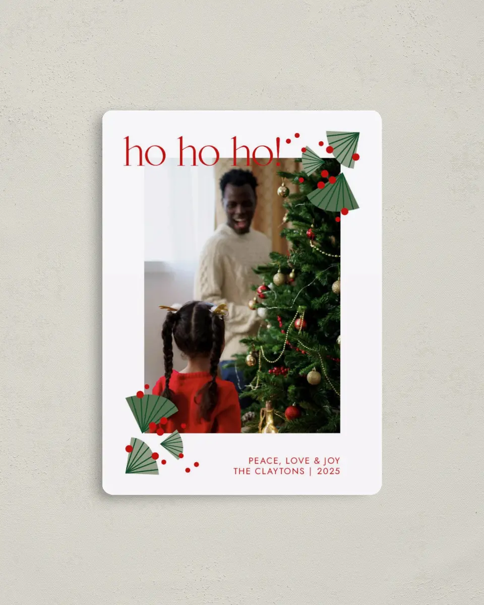 This is a 4" x 5½" Christmas Card called Ho Ho Holly printed in full color with Gold foil and a Luxe Satin finish