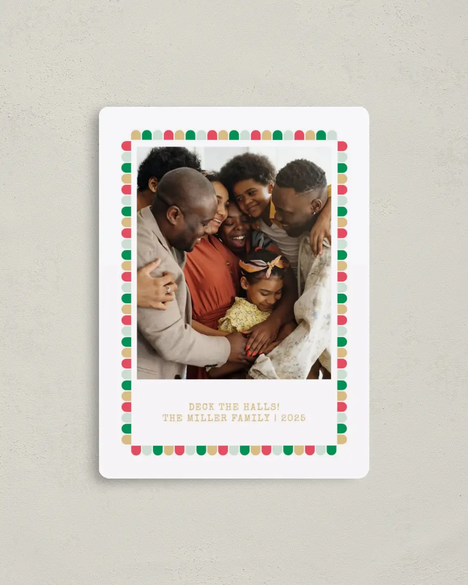 This is a 4" x 5½" Christmas Card called Colorful Trim printed in full color with a Luxe Satin finish