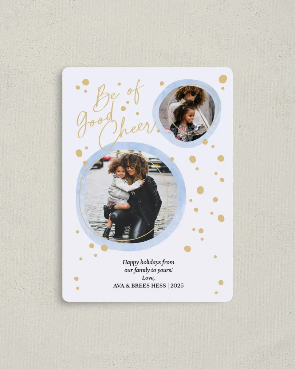 This is a 4" x 5½" Christmas Card called Cheerful Bubbles printed in full color with a Luxe Satin finish