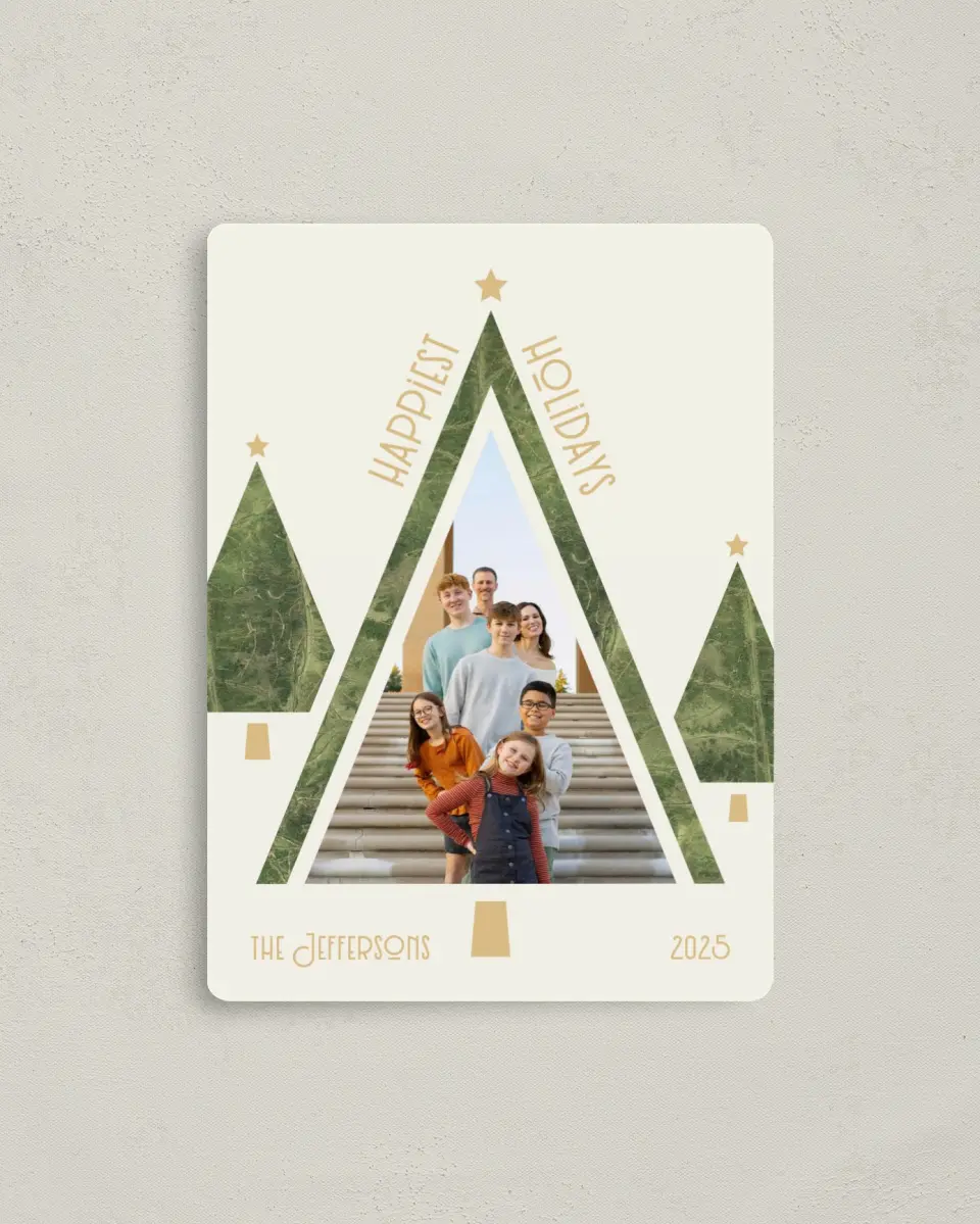 This is a 4" x 5½" Christmas Card called Clean Tree printed in full color with a Luxe Satin finish