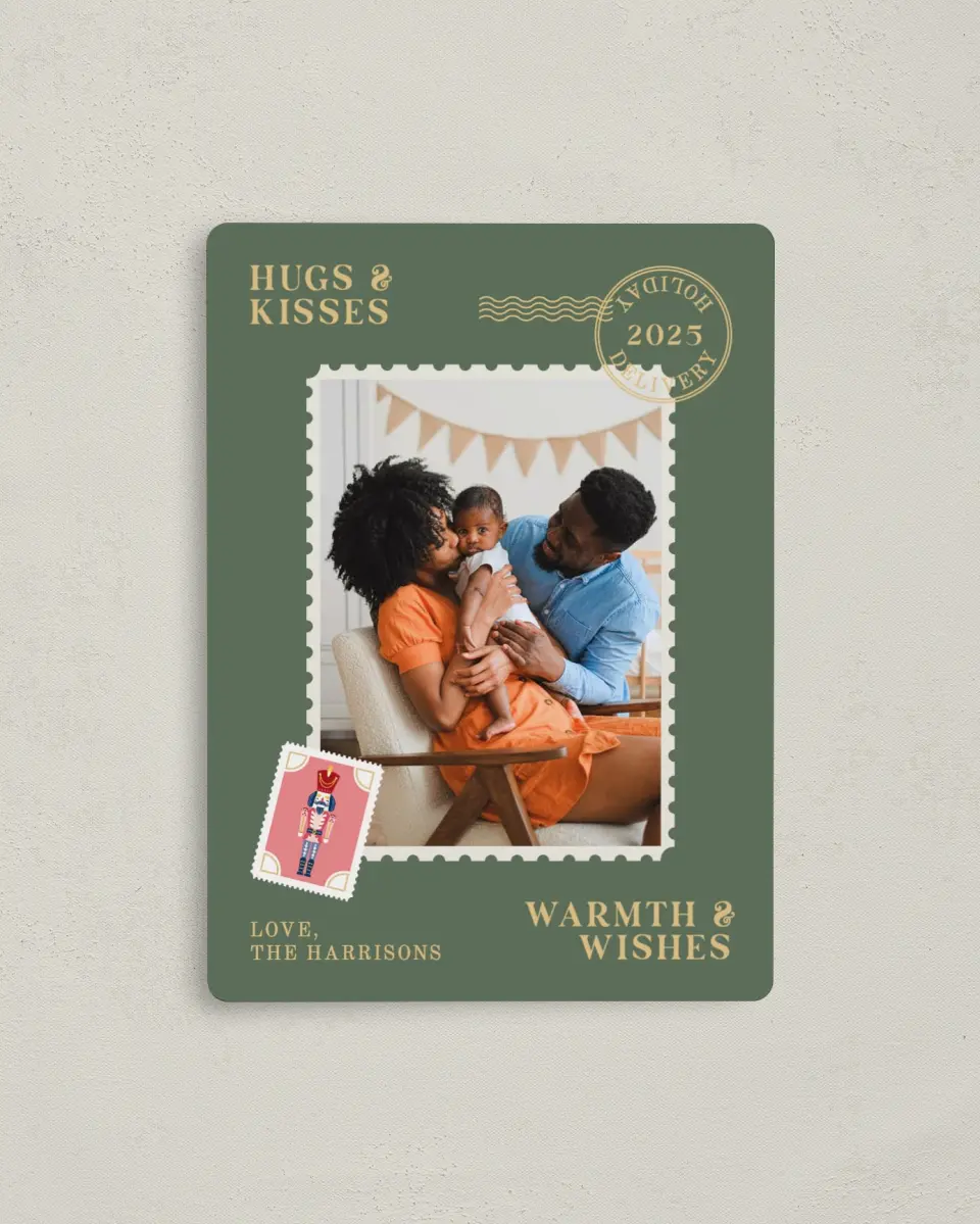 This is a 4" x 5½" Christmas Card called Holiday Mail printed in full color with a Luxe Satin finish