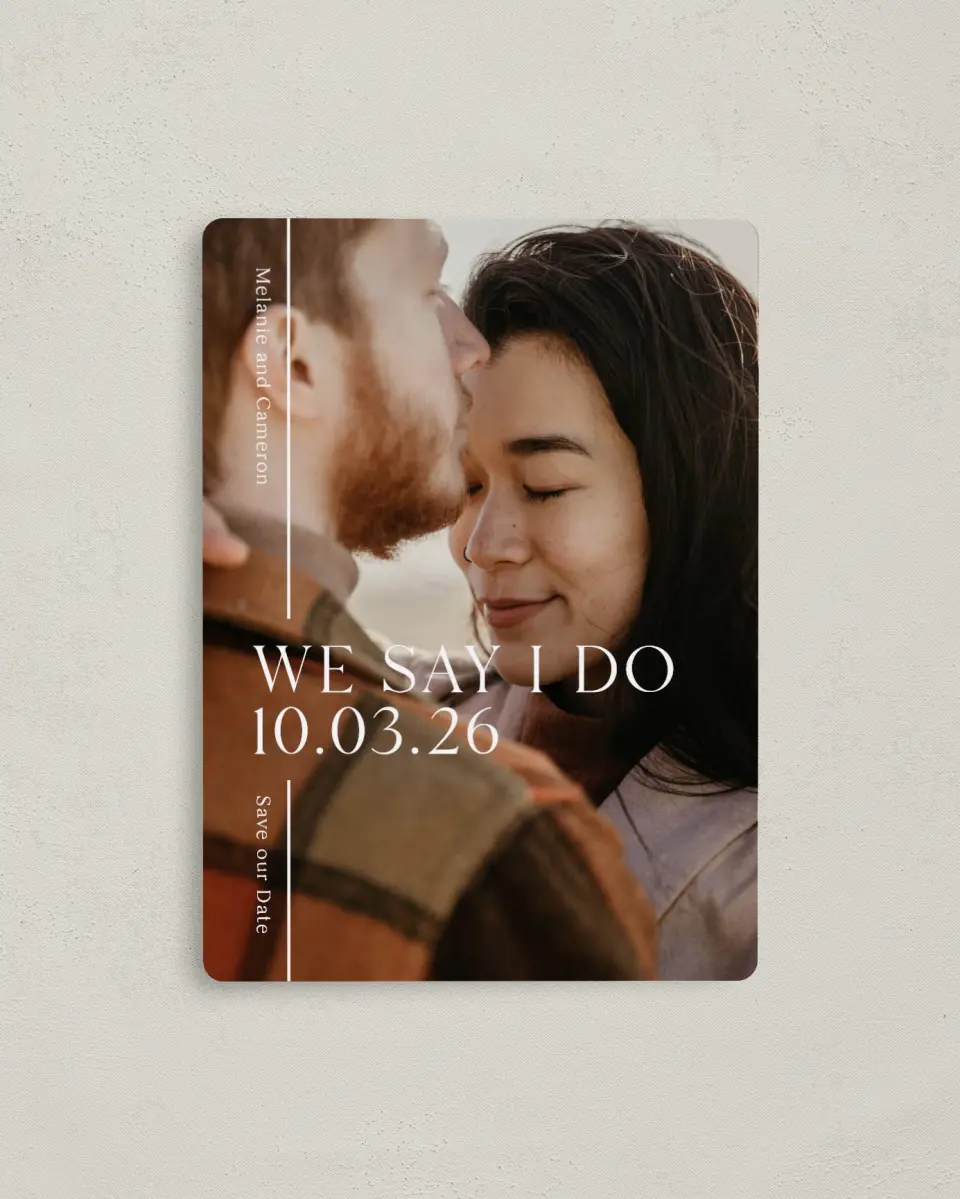 This is a 4" x 5½" Save the Date Magnet called Fresh Line printed in full color with Rose Gold foil and a Luxe Satin finish