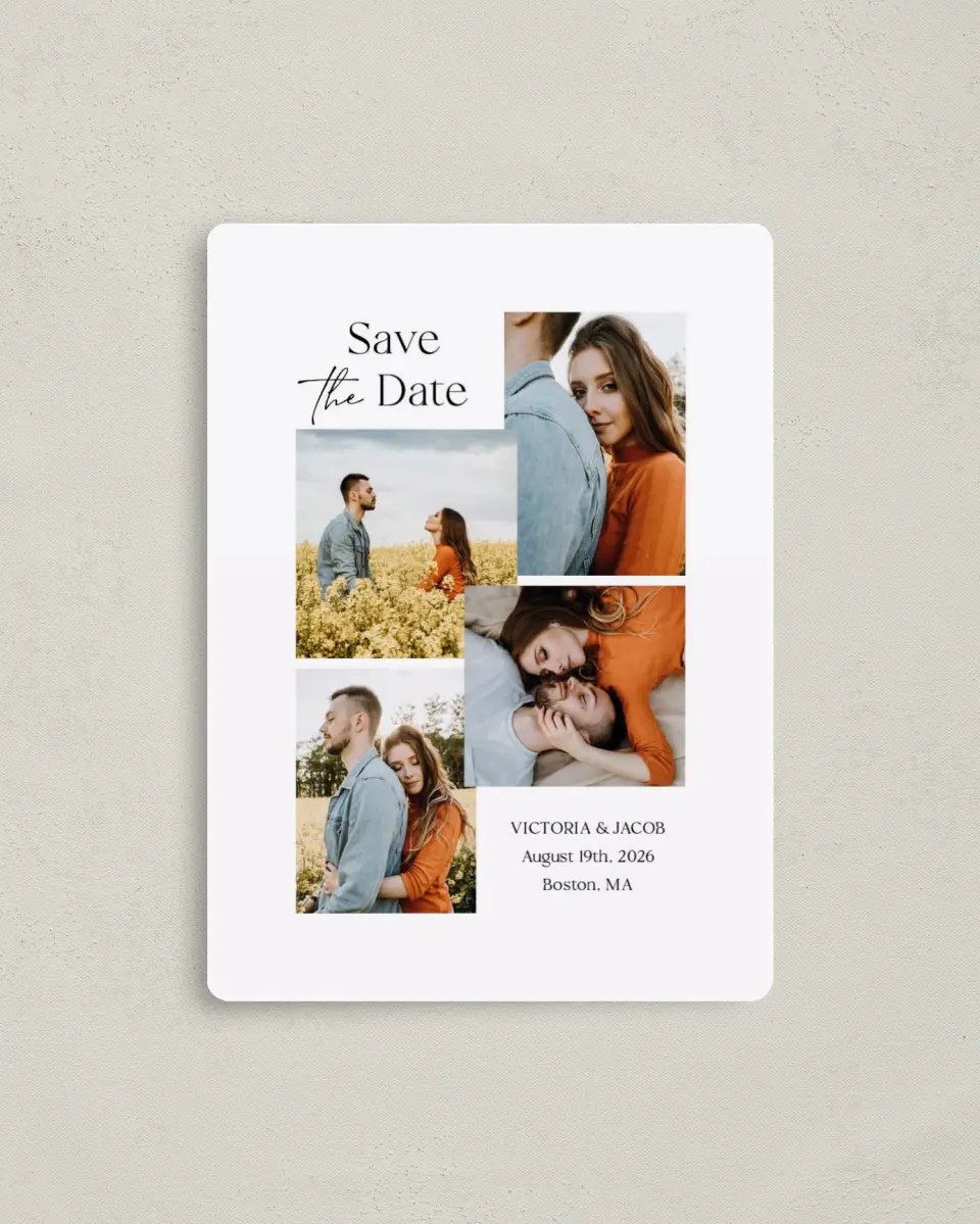 This is a 4" x 5½" Save the Date Magnet called Captured Love printed in full color with Rose Gold foil and a Luxe Satin finish