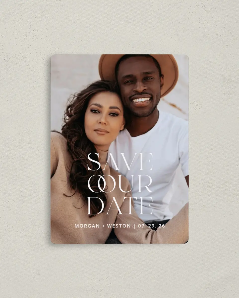 This is a 4" x 5½" Save the Date Magnet called Pure Symbol printed in full color with a Luxe Satin finish