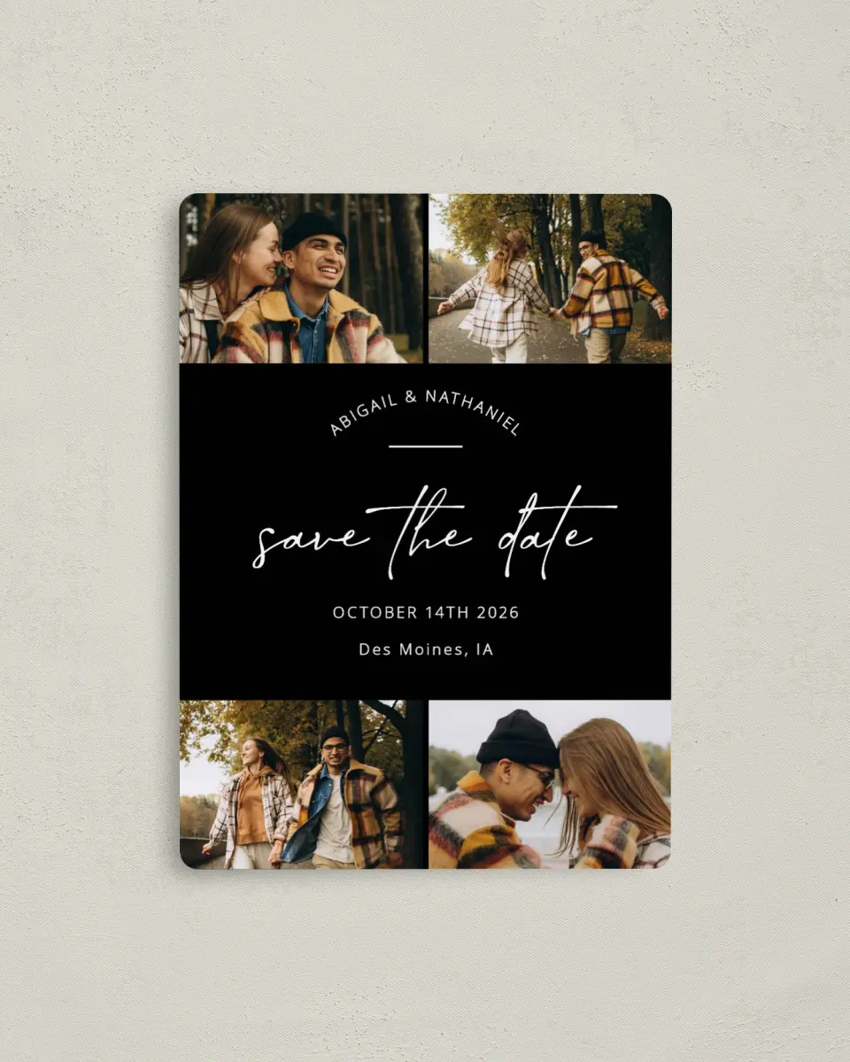 This is a 4" x 5½" Save the Date Magnet called Tidy Time printed in full color with Rose Gold foil and a Luxe Satin finish