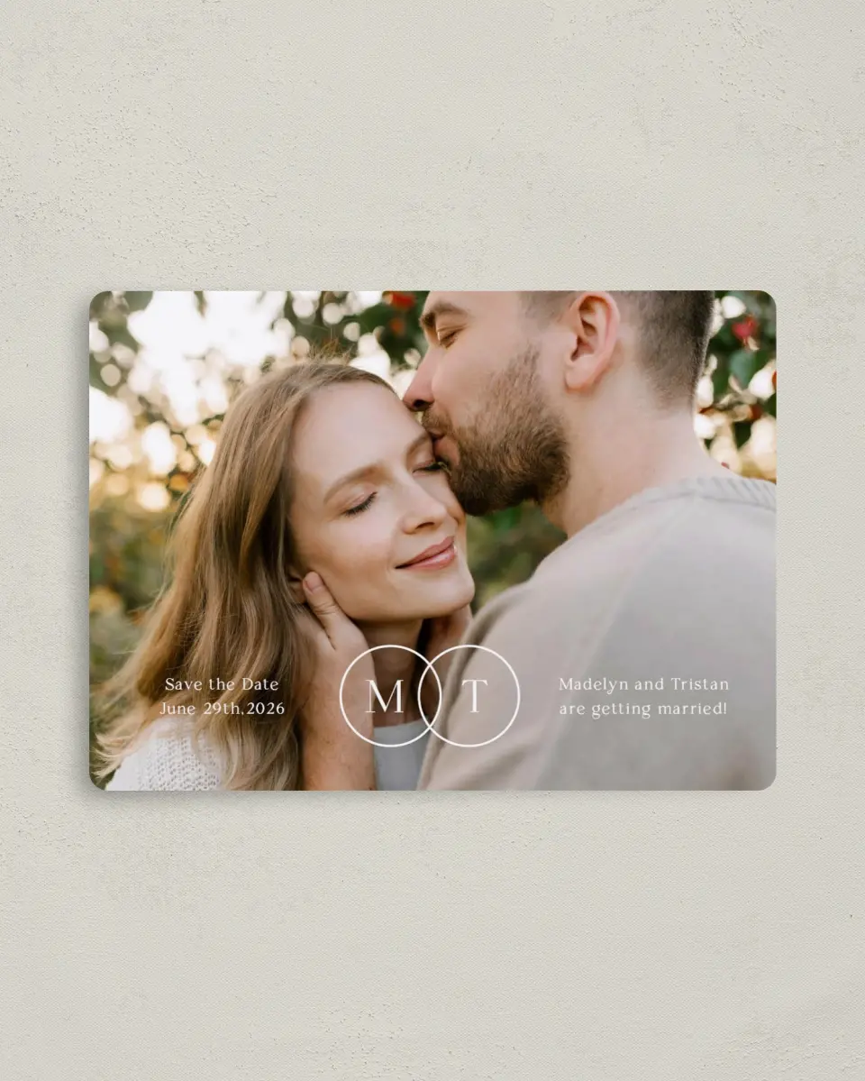 This is a 4" x 5½" Save the Date Magnet called Bright Initials printed in full color with a Luxe Satin finish