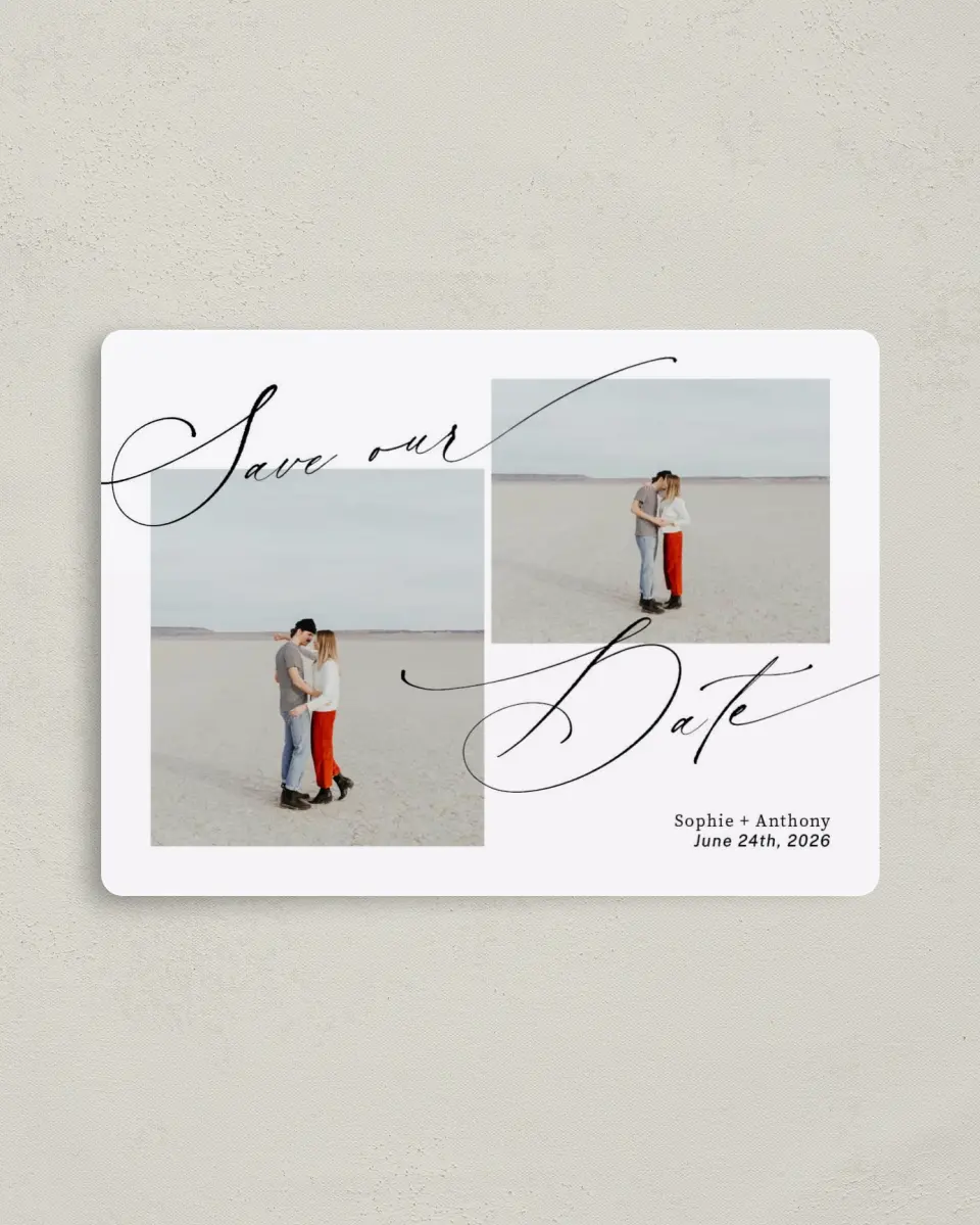 This is a 4" x 5½" Save the Date Magnet called Graceful Script printed in full color with a Luxe Satin finish