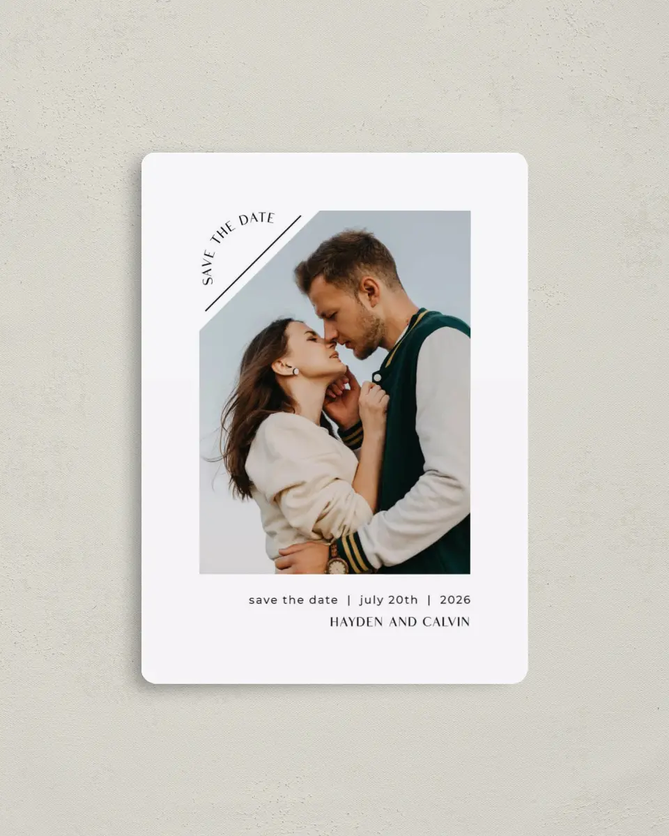 This is a 4" x 5½" Save the Date Magnet called Neat Niche printed in full color with a Luxe Satin finish