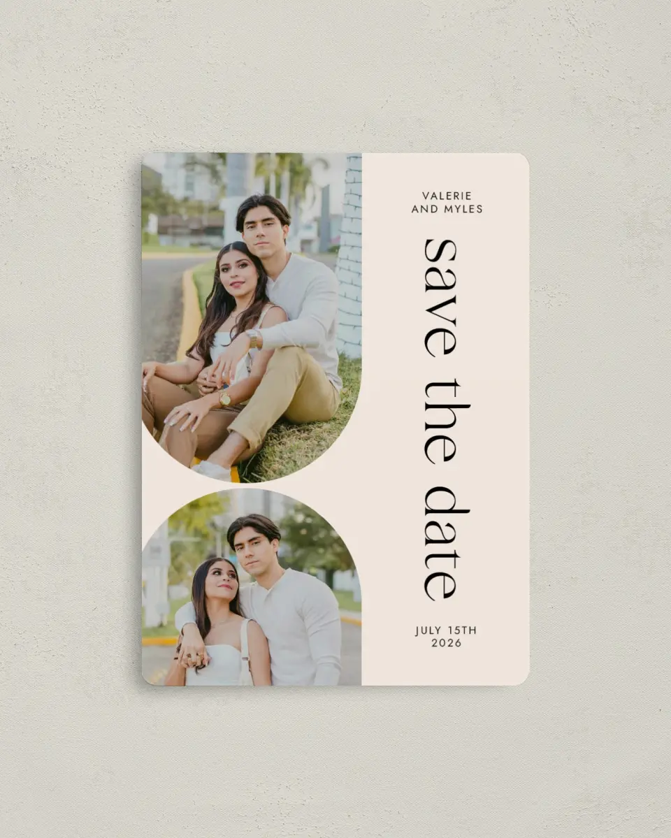 This is a 4" x 5½" Save the Date Magnet called Spotless Curve printed in full color with a Luxe Satin finish