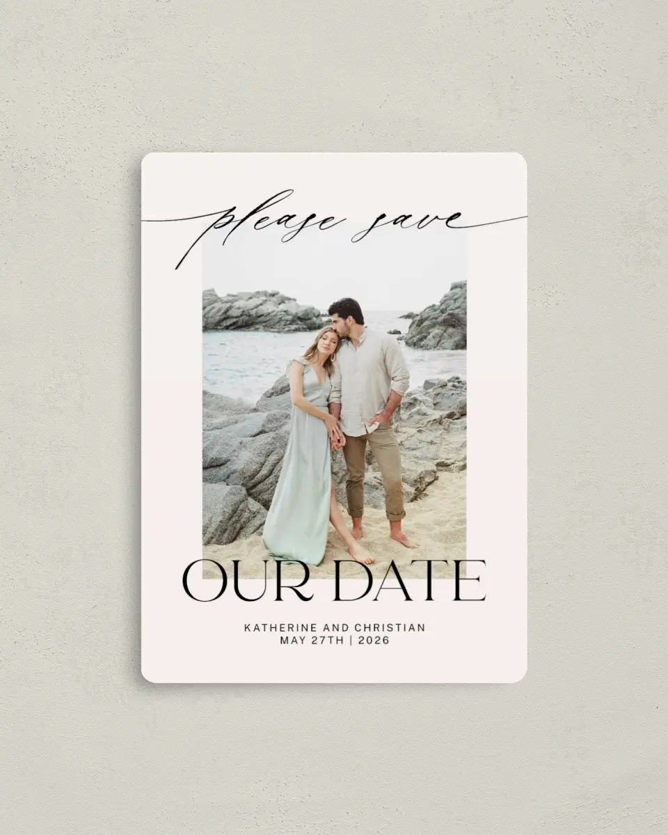 This is a 4" x 5½" Save the Date Magnet called Connected Couple printed in full color with a Luxe Satin finish