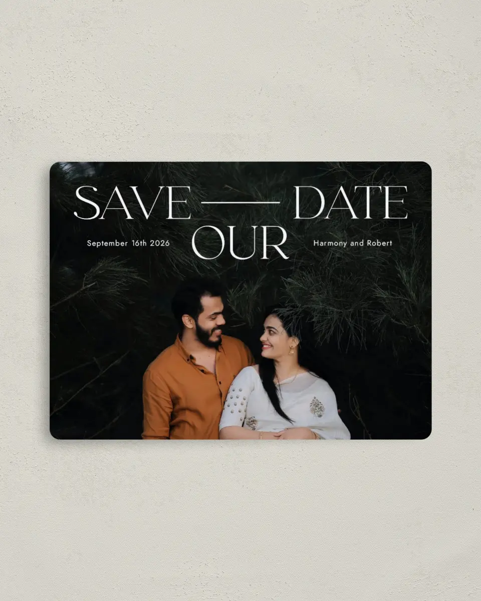 This is a 4" x 5½" Save the Date Magnet called United in Love printed in full color with a Luxe Satin finish