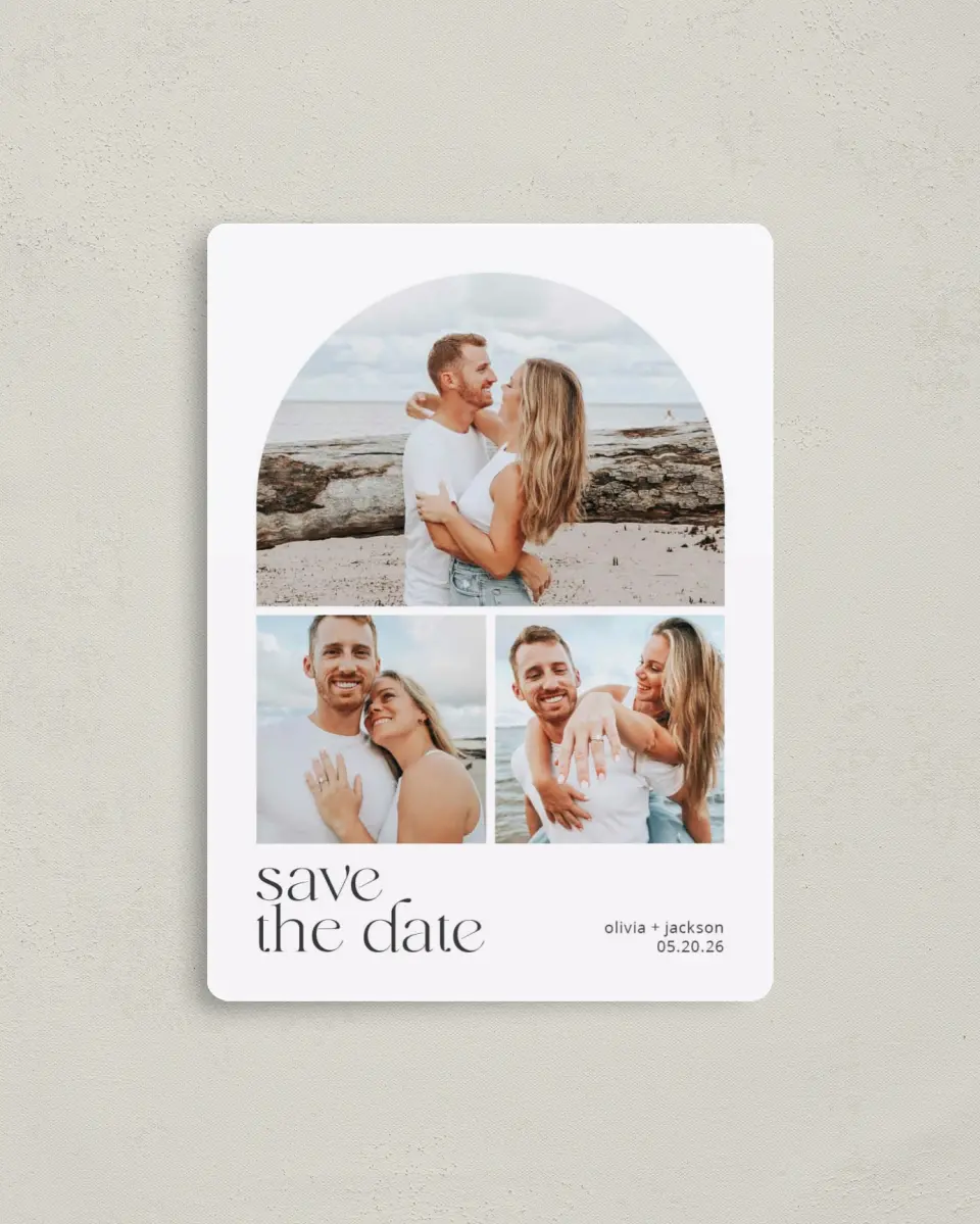 This is a 4" x 5½" Save the Date Magnet called Cheerful Curve printed in full color with Rose Gold foil and a Luxe Satin finish