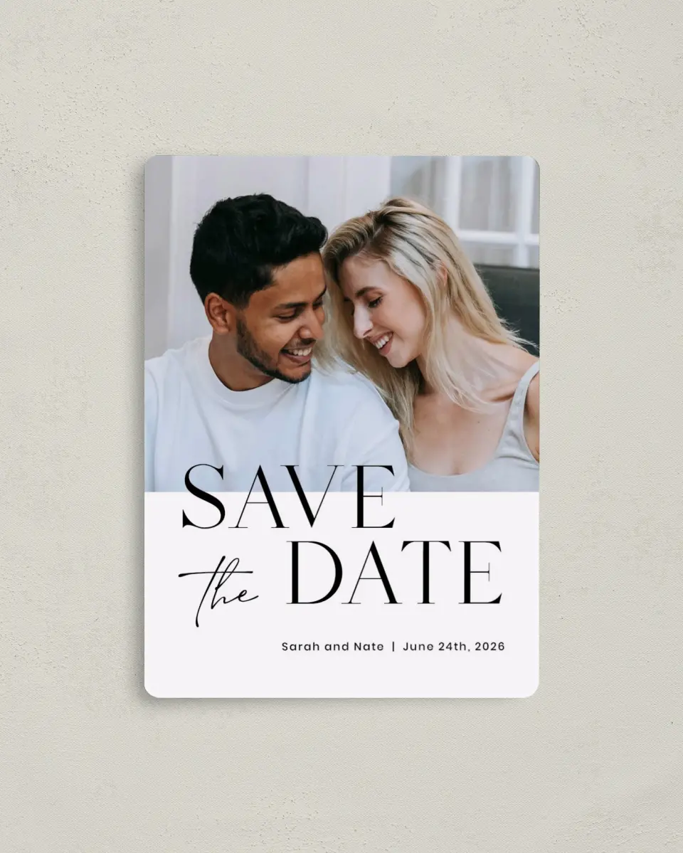 This is a 4" x 5½" Save the Date Magnet called Alluring Type printed in full color with Rose Gold foil and a Luxe Satin finish