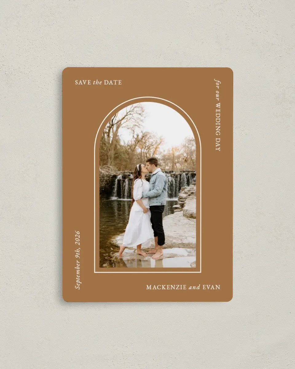 This is a 4" x 5½" Save the Date Magnet called Steady Adoration printed in full color with Rose Gold foil and a Luxe Satin finish