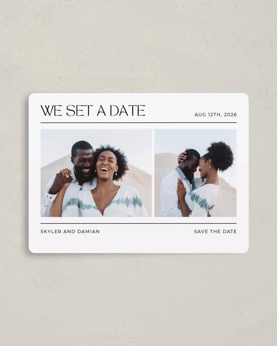 This is a 4" x 5½" Save the Date Magnet called Savvy Set printed in full color with Rose Gold foil and a Luxe Satin finish