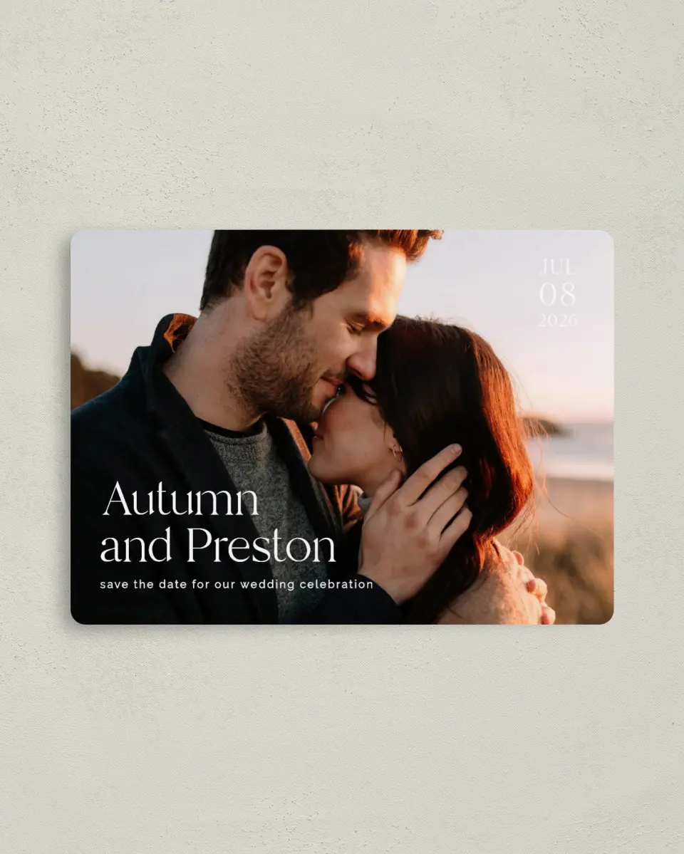 This is a 4" x 5½" Save the Date Magnet called Strong Soul printed in full color with a Luxe Satin finish