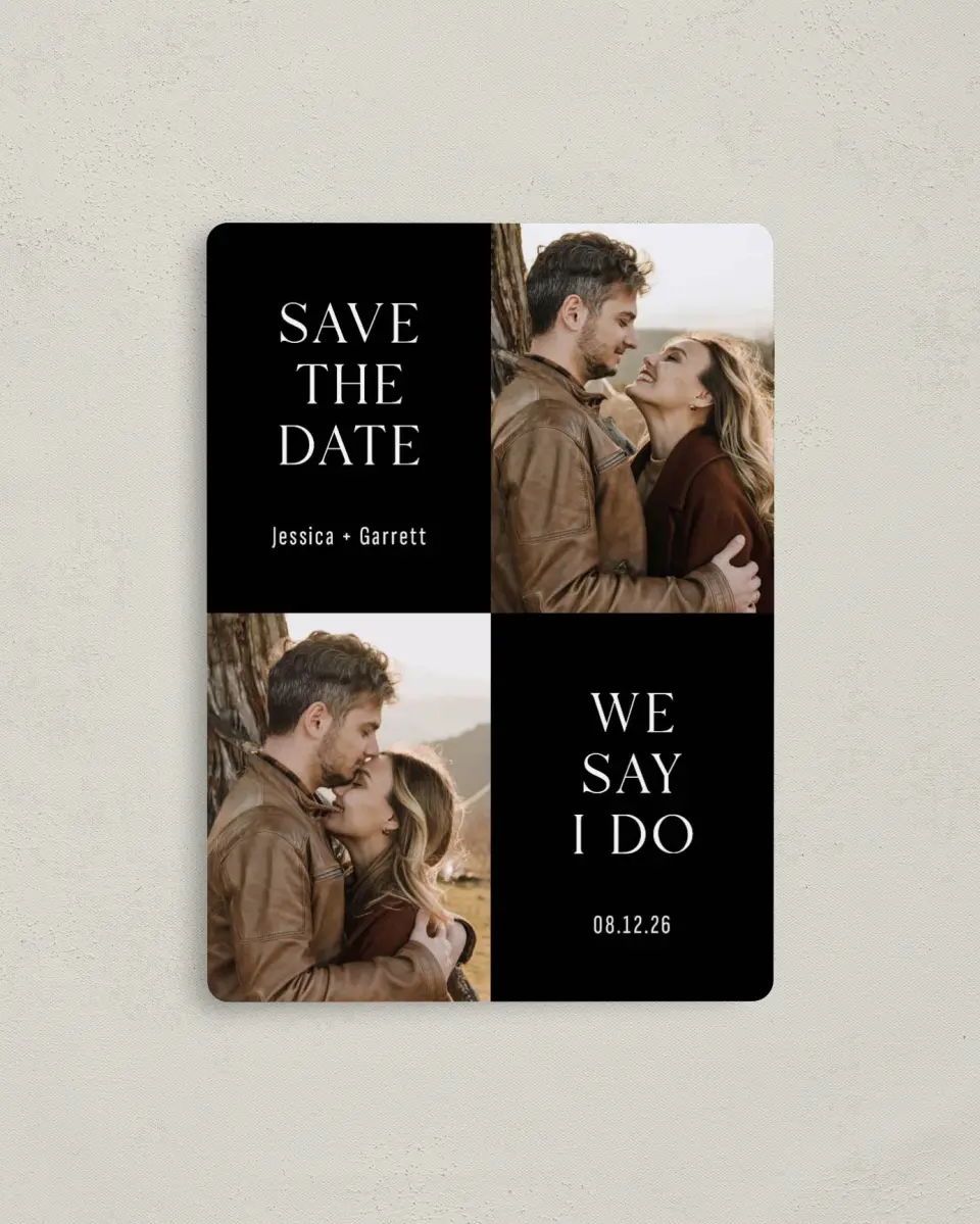 This is a 4" x 5½" Save the Date Magnet called Smart Setting printed in full color with a Luxe Satin finish