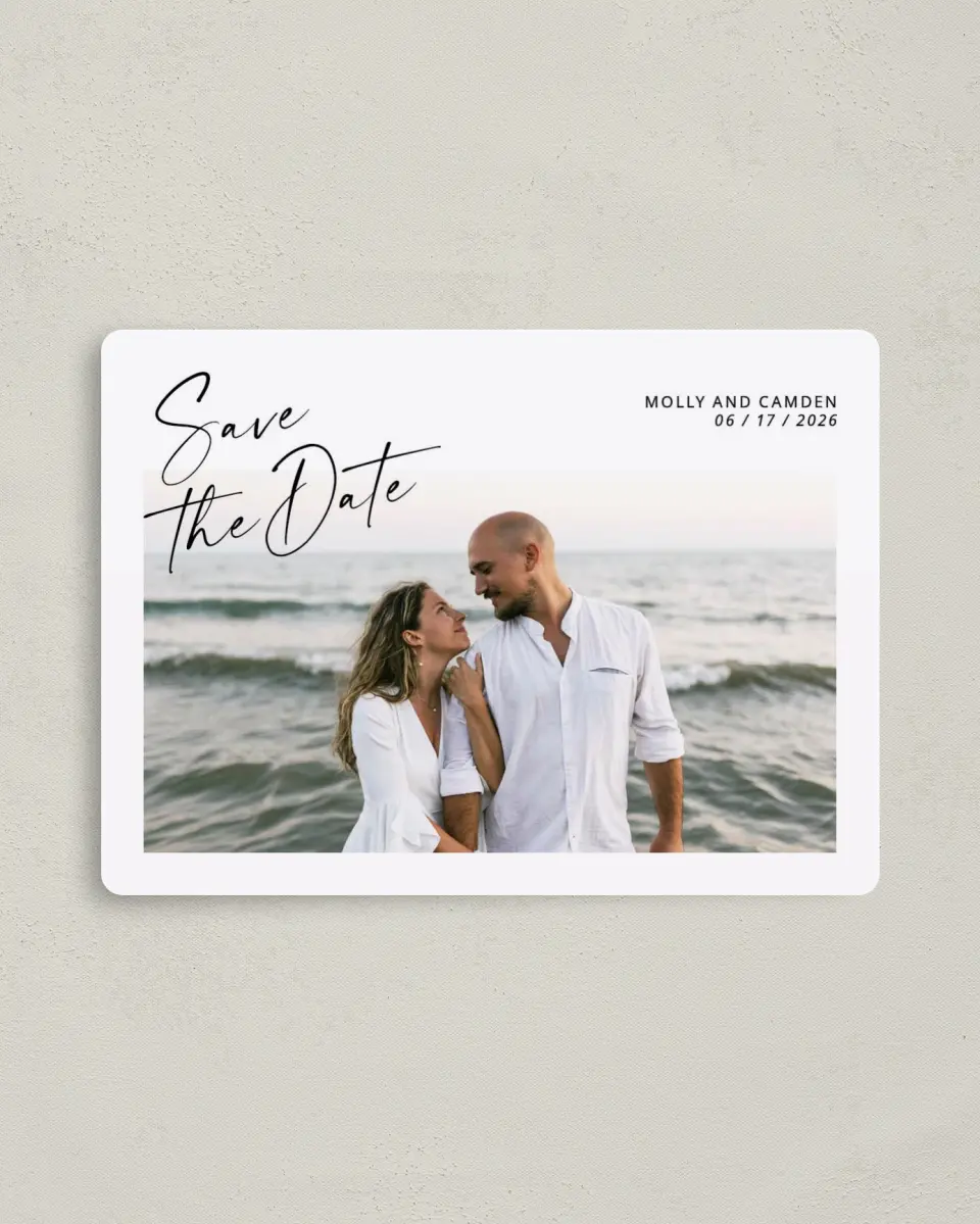 This is a 4" x 5½" Save the Date Magnet called Gentle Spark printed in full color with a Luxe Satin finish
