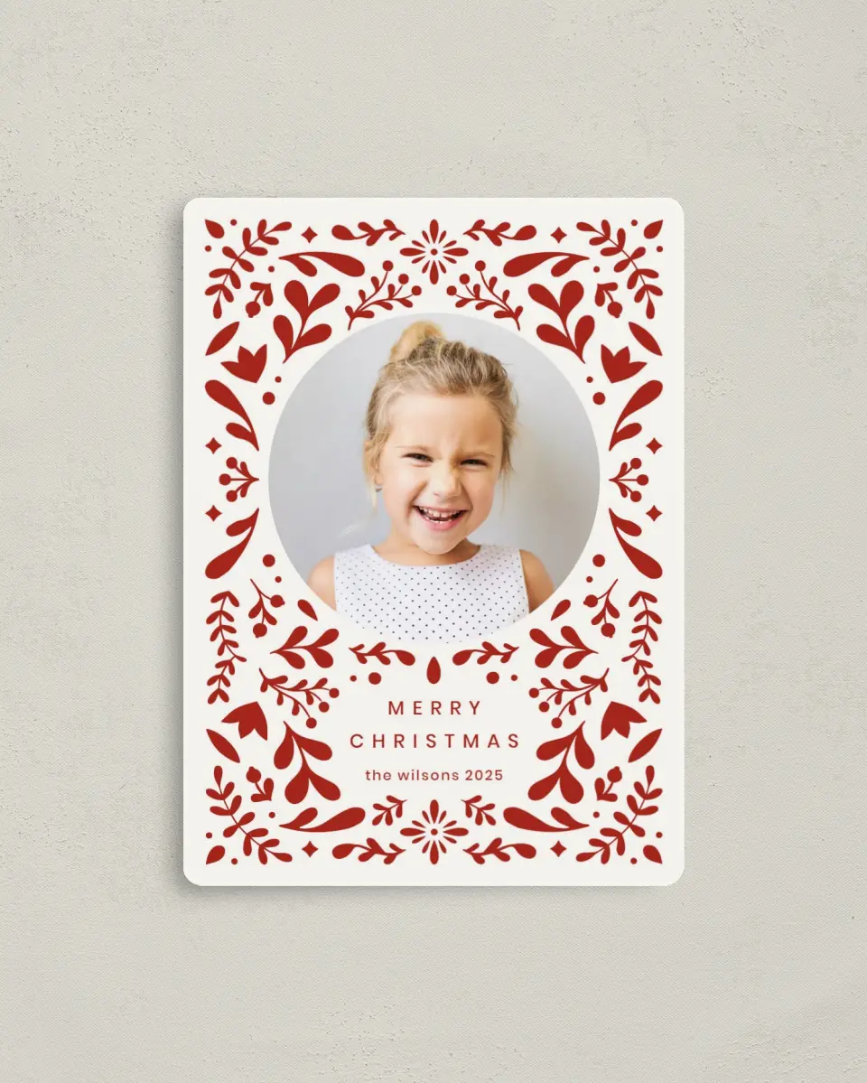 This is a 4" x 5½" Christmas Card called Holiday Folk printed in full color with a Luxe Satin finish