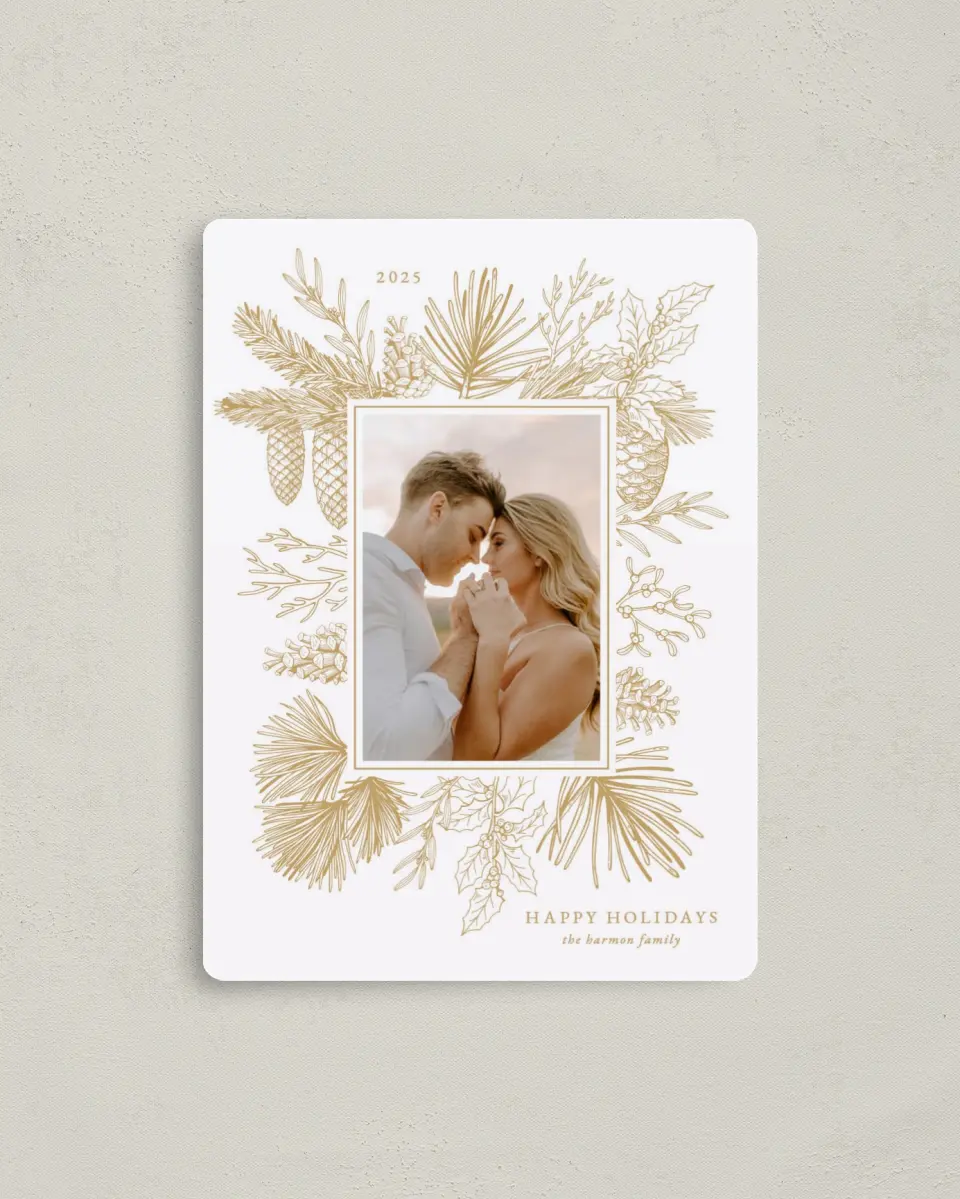 This is a 4" x 5½" Christmas Card called Gilded Pine printed in full color with a Luxe Satin finish