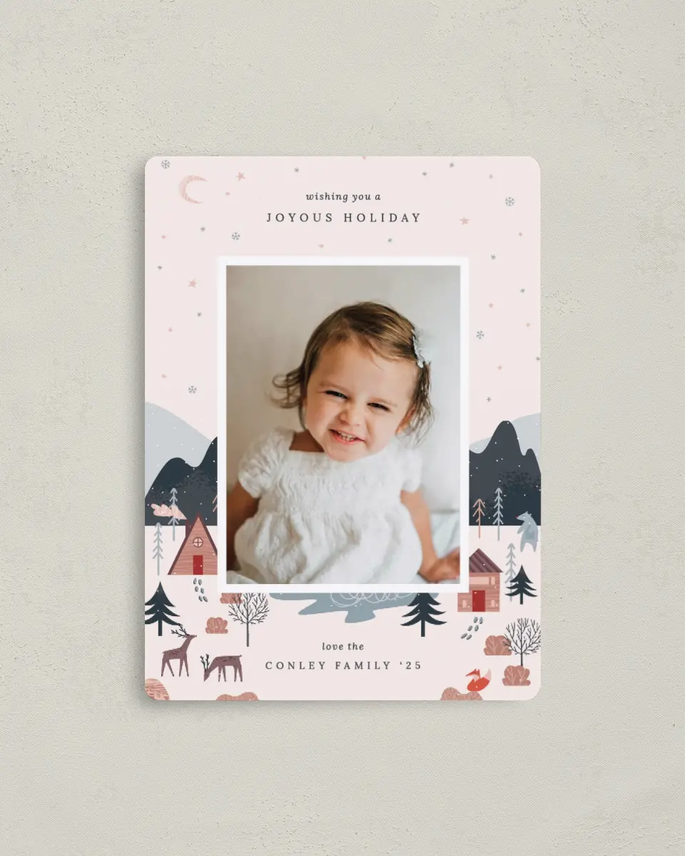This is a 4" x 5½" Christmas Card called Frosty Forest printed in full color with Silver foil and a Luxe Satin finish