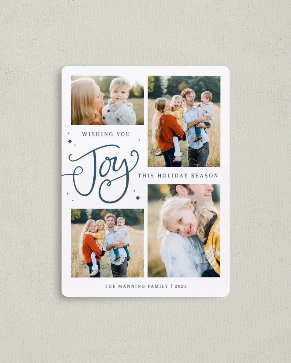 This is a 4" x 5½" Christmas Card called Joyful Wishes printed in full color with a Luxe Satin finish