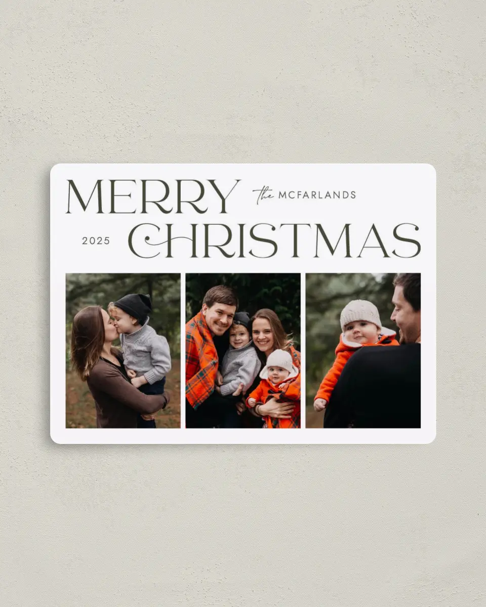 This is a 4" x 5½" Christmas Card called Merry Trio printed in full color with a Luxe Satin finish