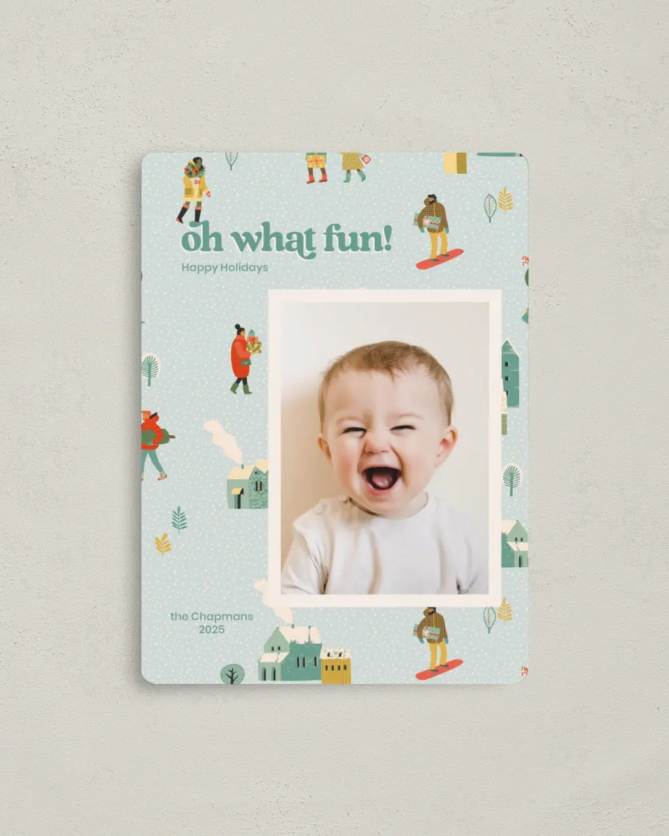 This is a 4" x 5½" Christmas Card called Townfolk Fun printed in full color with a Luxe Satin finish