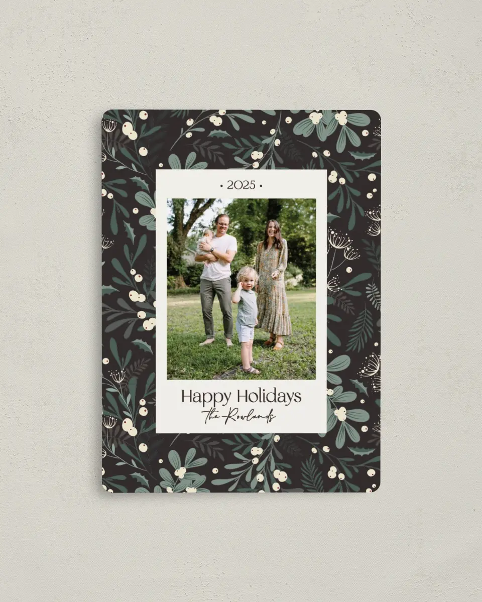 This is a 4" x 5½" Christmas Card called Winter Foliage printed in full color with a Luxe Satin finish
