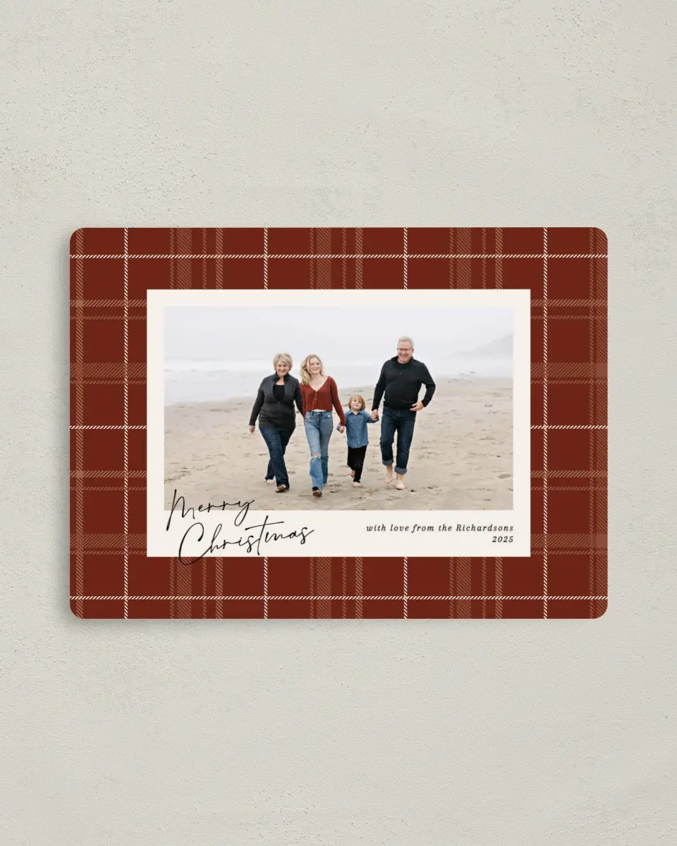 This is a 4" x 5½" Christmas Card called Peaceful Plaid printed in full color with a Luxe Satin finish